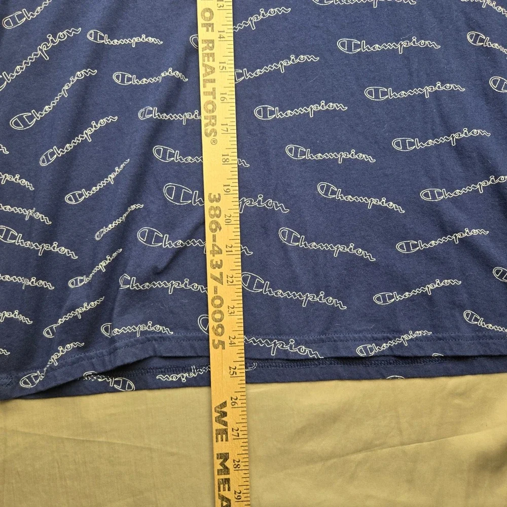Champion Mens Navy Blue All Over Script Logo Print T-Shirt Medium Crewneck Tee - Picture 7 of 9